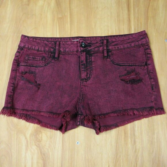 BULLHEAD BLACK Burgundy Cut Off Denim Jean Shorts Sz 9 Maroon Hot Pants Shortie - Picture 1 of 13